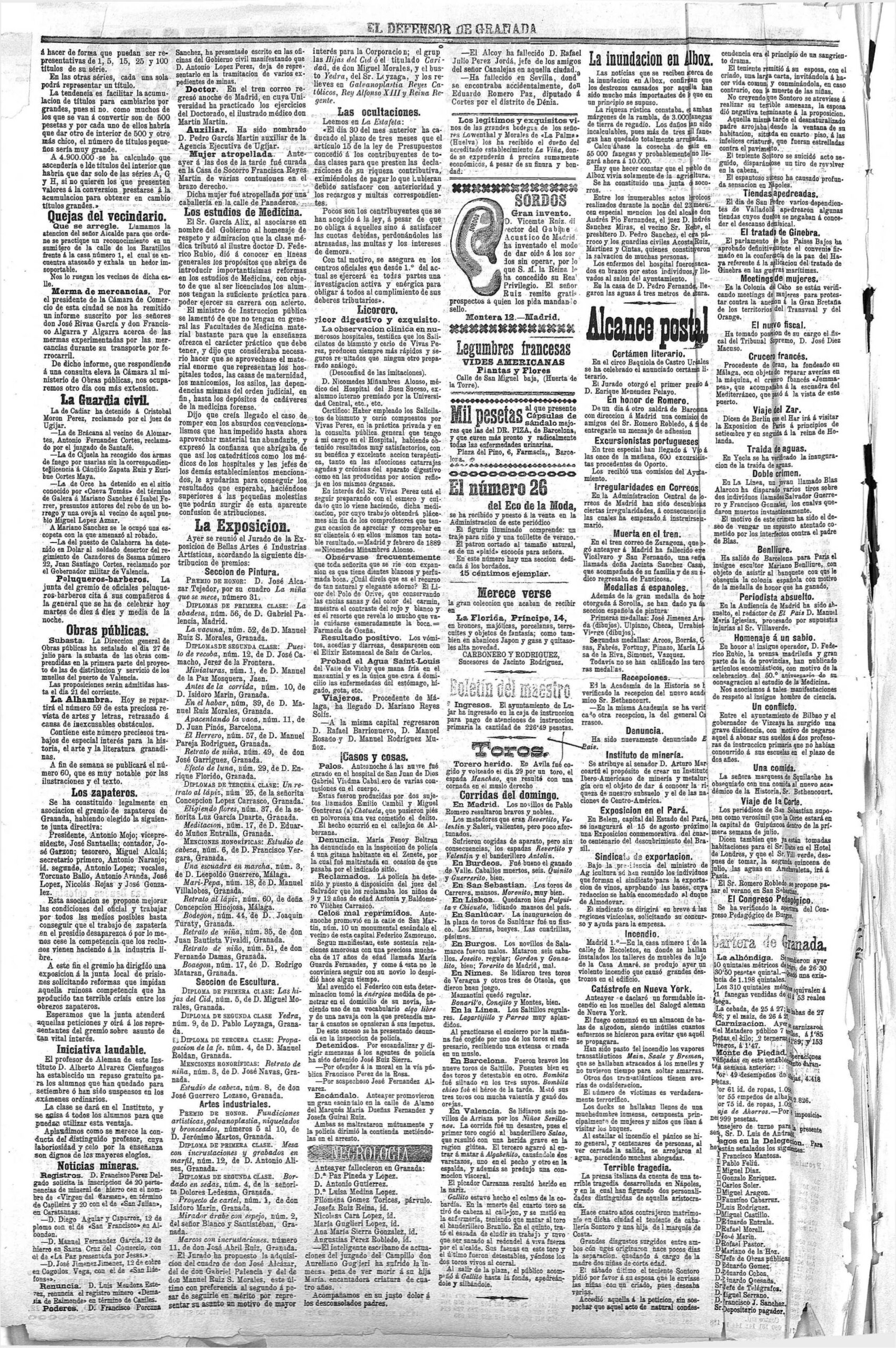 Página del periódico El Defensor de Granada del día 3 de julio de 1900